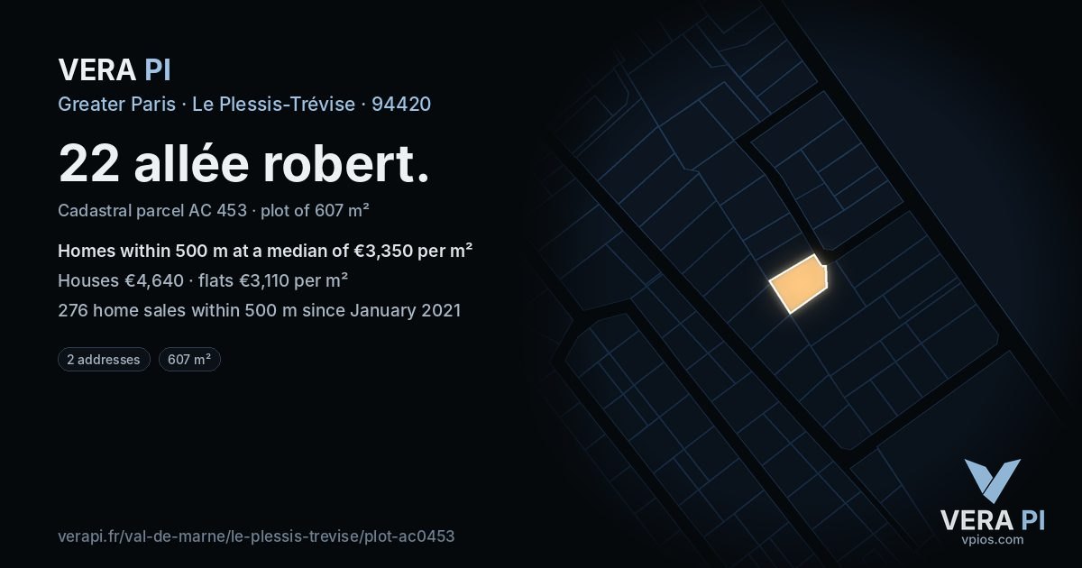 22 allée robert, Le Plessis-Trévise at night – the plot lit, the parcels around coloured by the prices near them