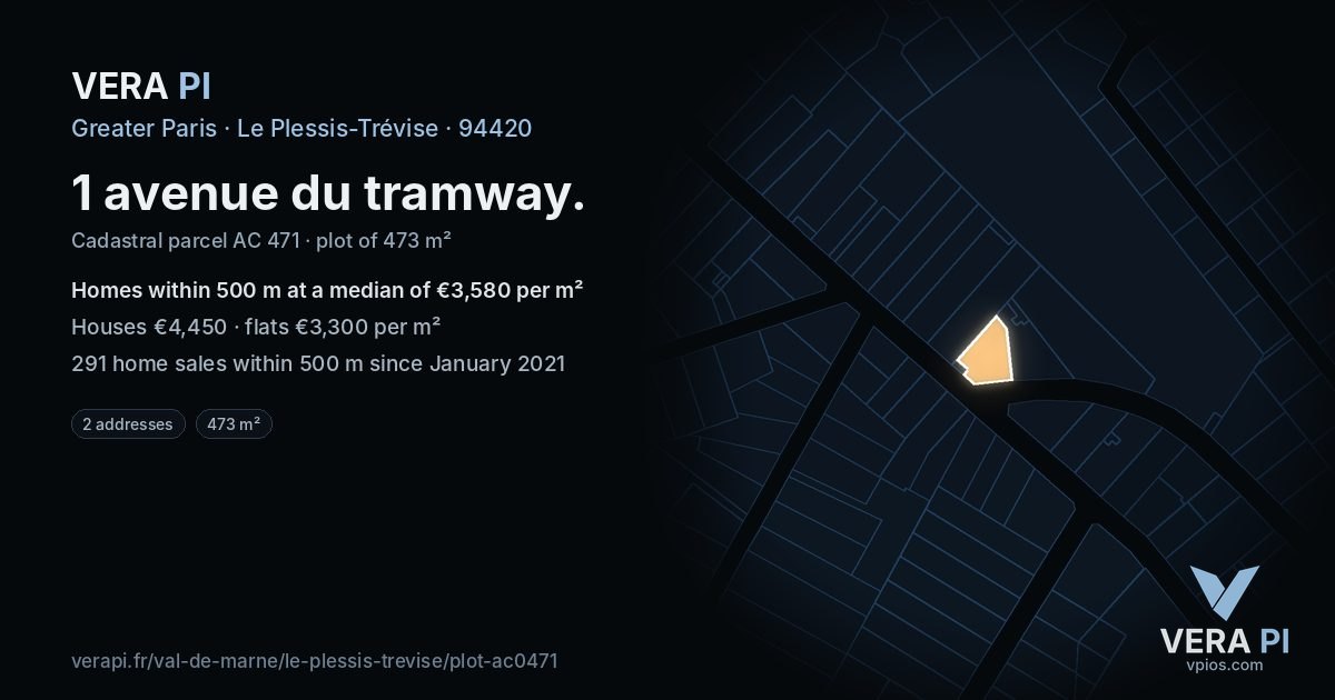 1 avenue du tramway, Le Plessis-Trévise at night – the plot lit, the parcels around coloured by the prices near them