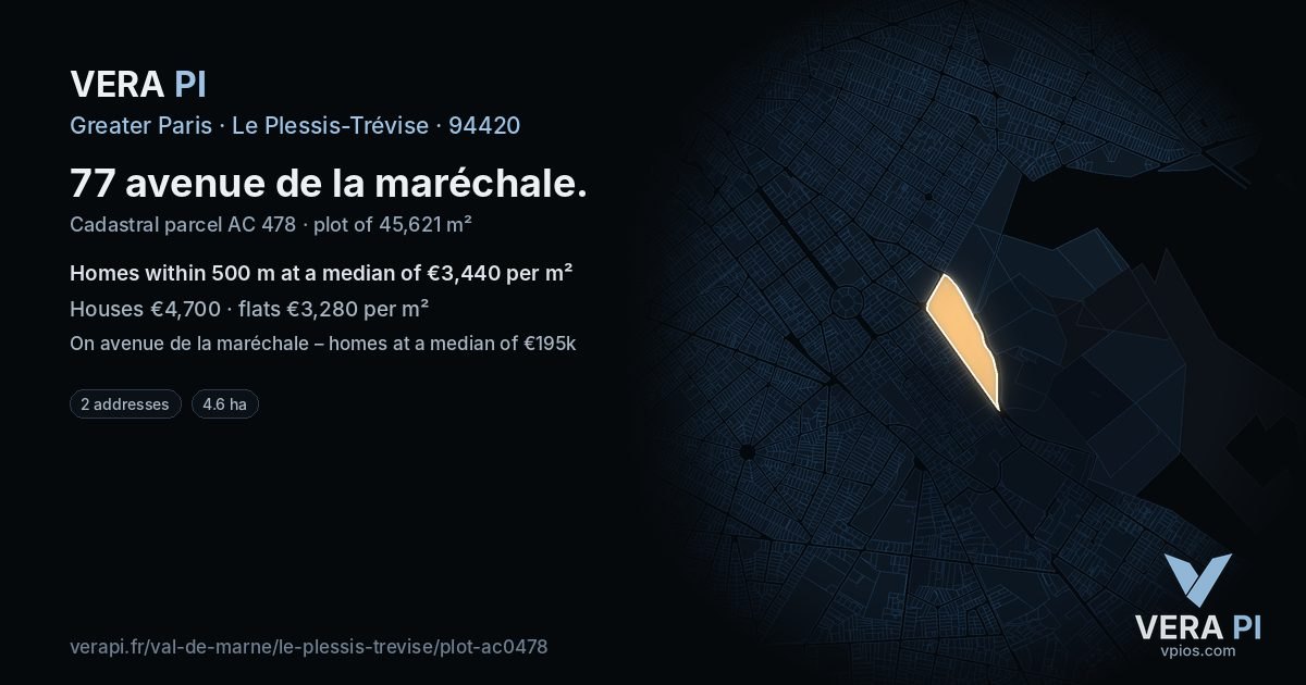 77 avenue de la maréchale, Le Plessis-Trévise at night – the plot lit, the parcels around coloured by the prices near them