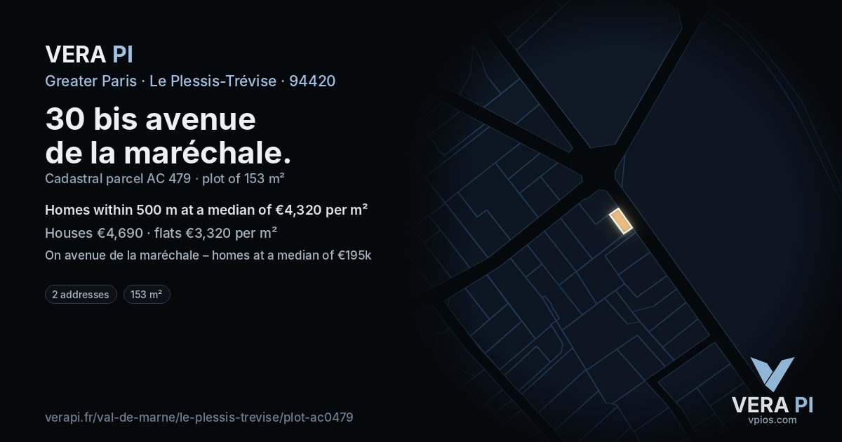 30 bis avenue de la maréchale, Le Plessis-Trévise at night – the plot lit, the parcels around coloured by the prices near them