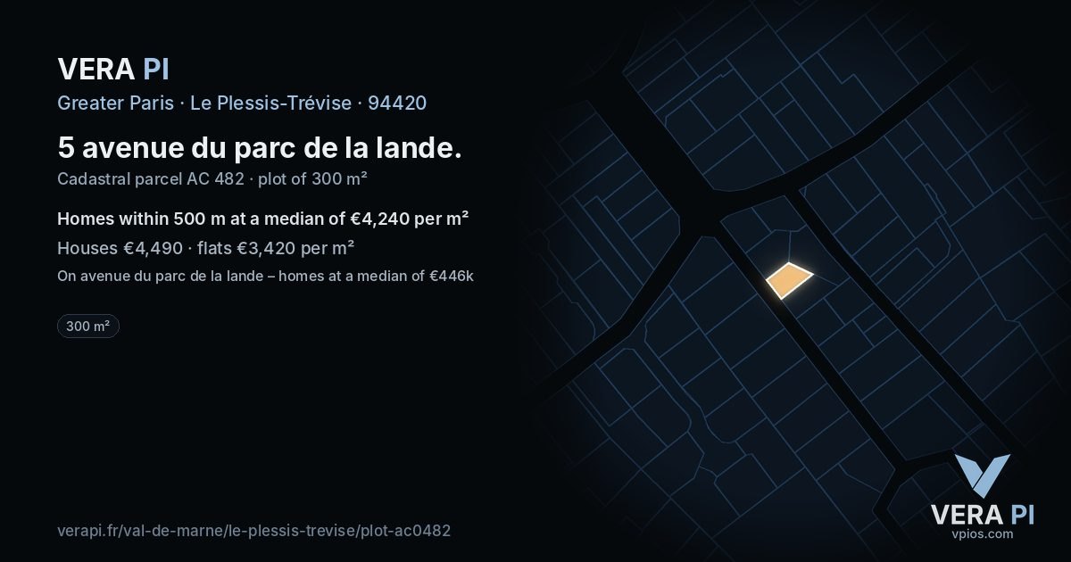 5 avenue du parc de la lande, Le Plessis-Trévise at night – the plot lit, the parcels around coloured by the prices near them