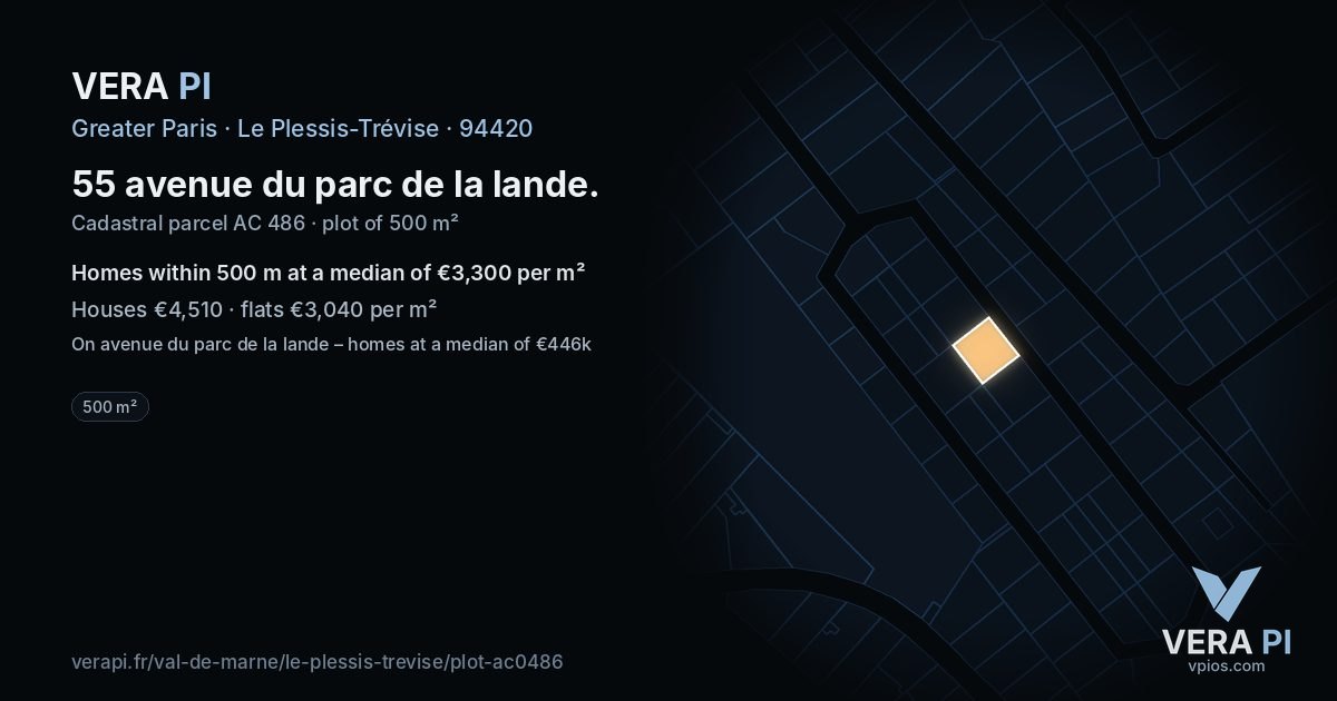 55 avenue du parc de la lande, Le Plessis-Trévise at night – the plot lit, the parcels around coloured by the prices near them