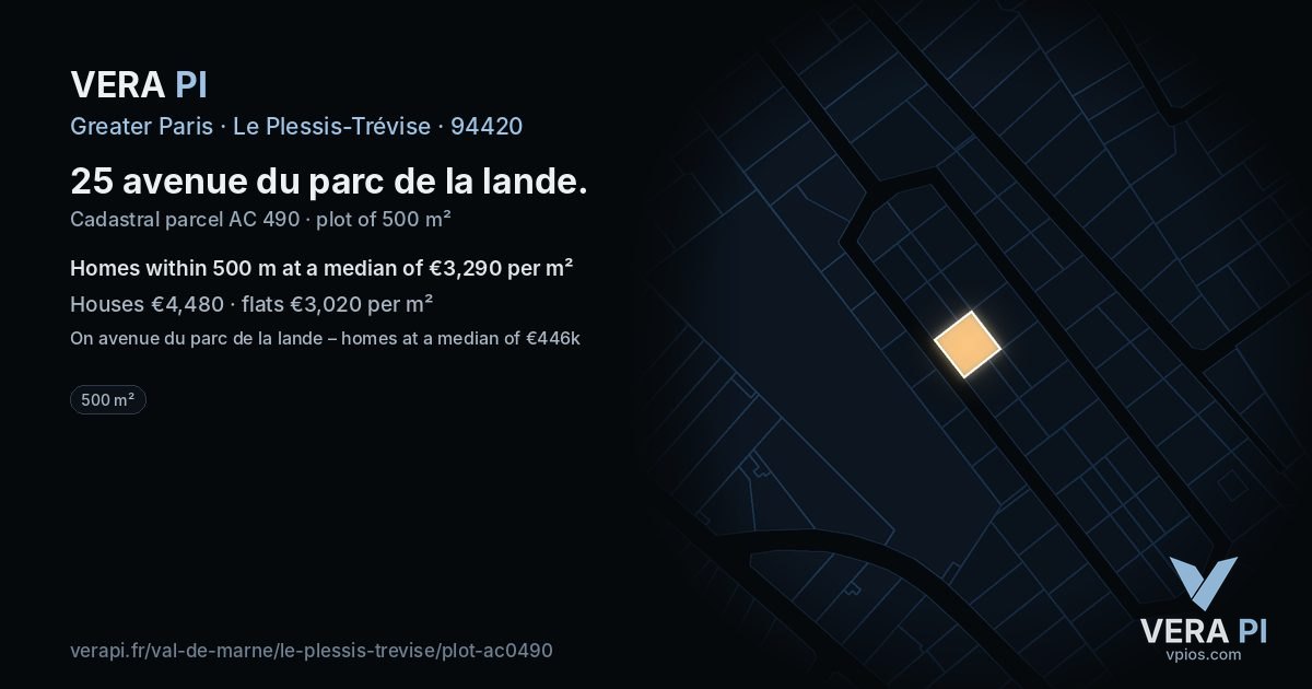 25 avenue du parc de la lande, Le Plessis-Trévise at night – the plot lit, the parcels around coloured by the prices near them