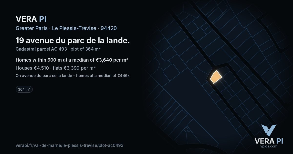 19 avenue du parc de la lande, Le Plessis-Trévise at night – the plot lit, the parcels around coloured by the prices near them