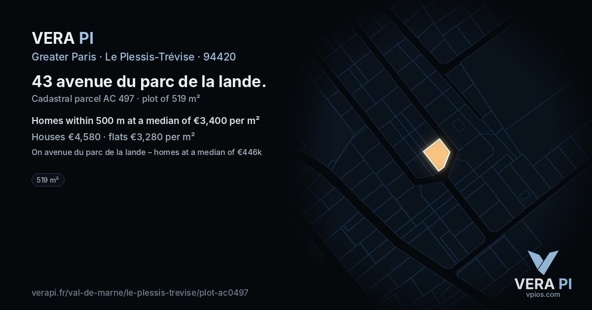 43 avenue du parc de la lande, Le Plessis-Trévise at night – the plot lit, the parcels around coloured by the prices near them