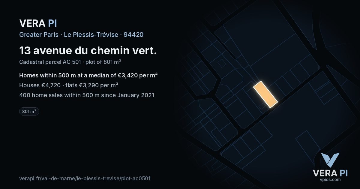 13 avenue du chemin vert, Le Plessis-Trévise at night – the plot lit, the parcels around coloured by the prices near them