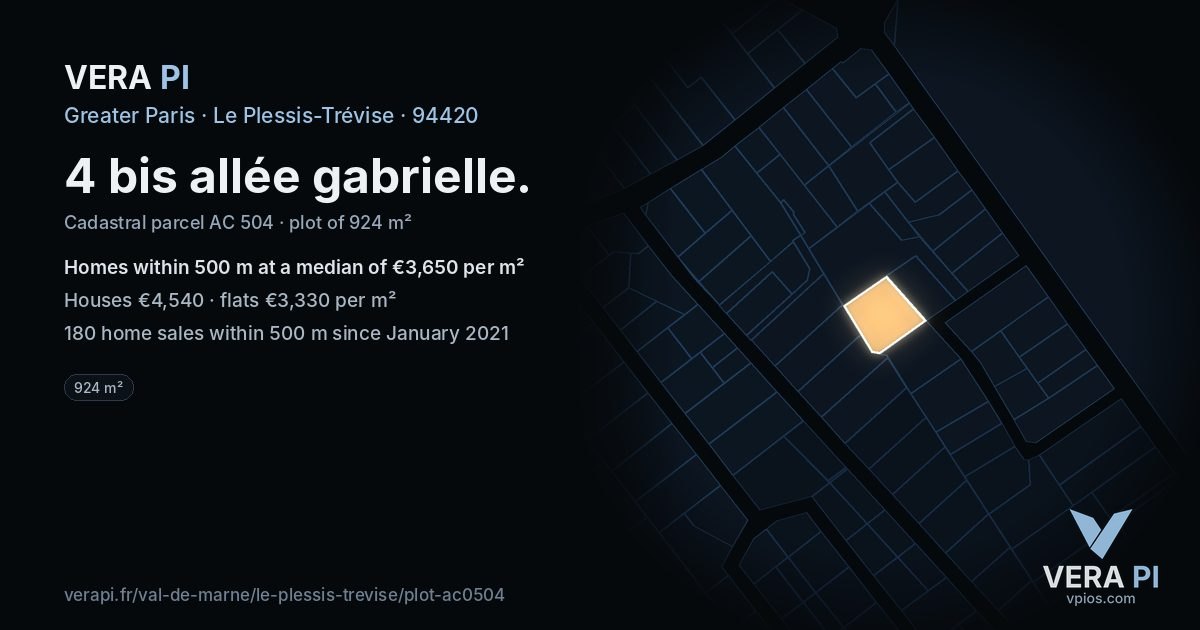 4 bis allée gabrielle, Le Plessis-Trévise at night – the plot lit, the parcels around coloured by the prices near them