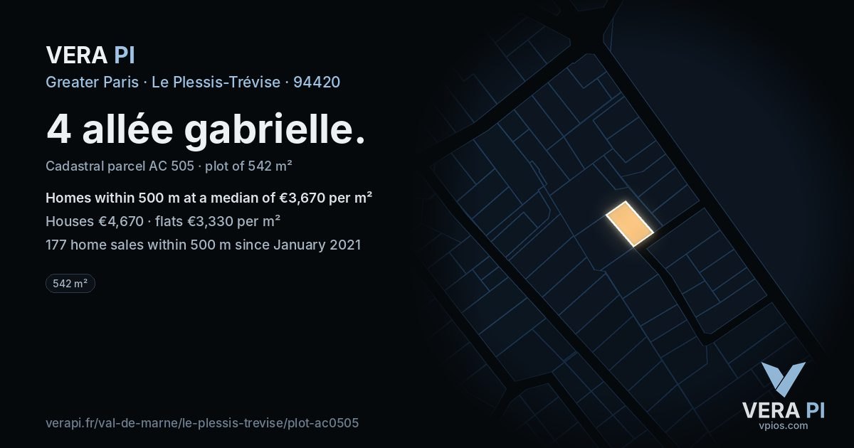4 allée gabrielle, Le Plessis-Trévise at night – the plot lit, the parcels around coloured by the prices near them