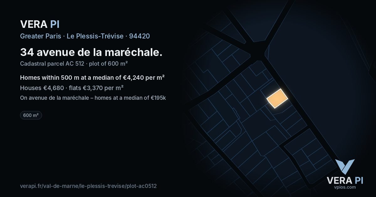 34 avenue de la maréchale, Le Plessis-Trévise at night – the plot lit, the parcels around coloured by the prices near them