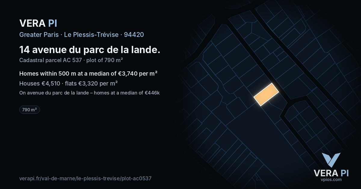 14 avenue du parc de la lande, Le Plessis-Trévise at night – the plot lit, the parcels around coloured by the prices near them