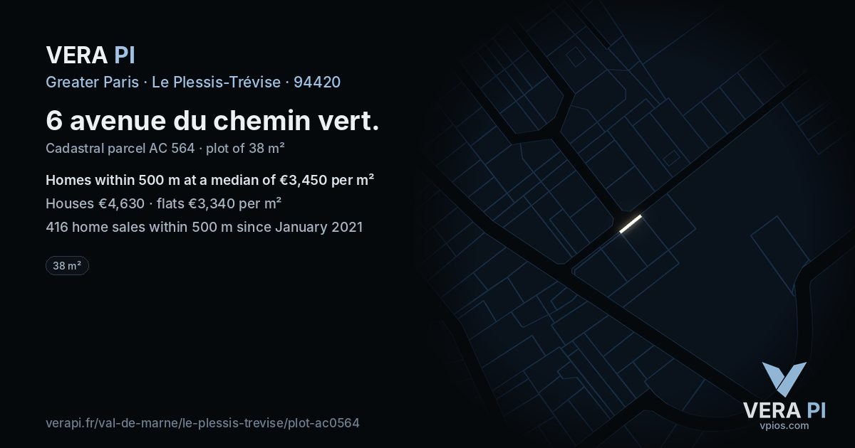 6 avenue du chemin vert, Le Plessis-Trévise at night – the plot lit, the parcels around coloured by the prices near them