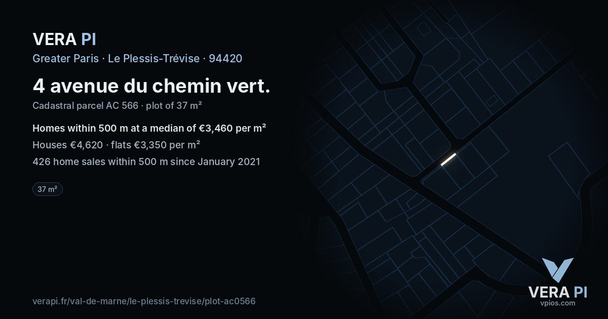4 avenue du chemin vert, Le Plessis-Trévise at night – the plot lit, the parcels around coloured by the prices near them
