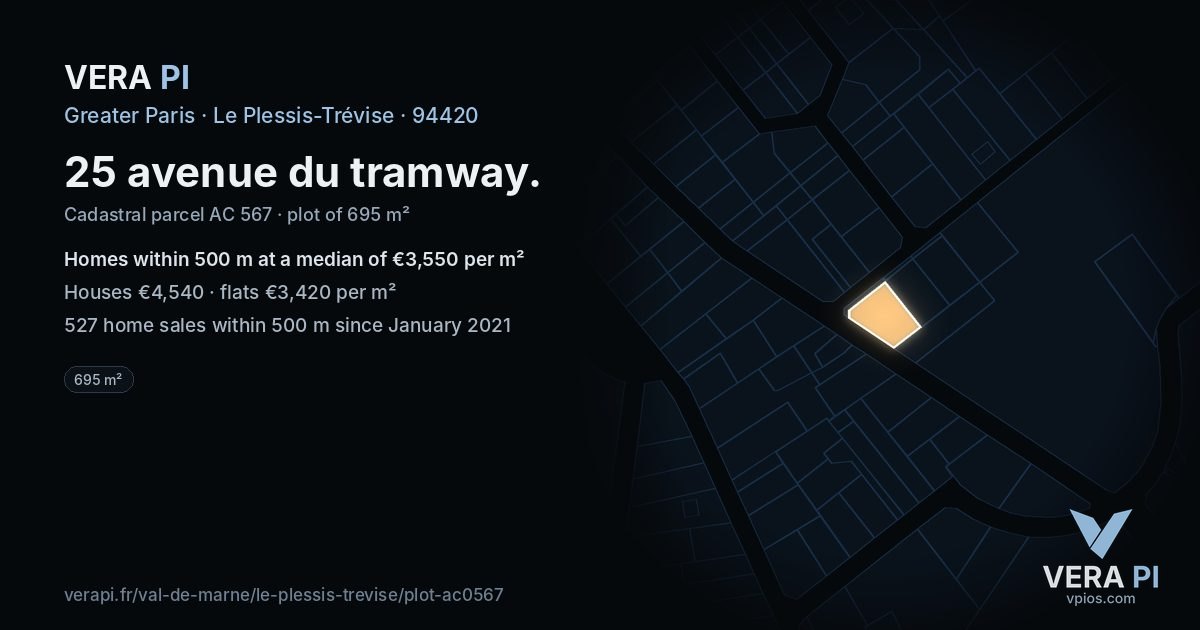 25 avenue du tramway, Le Plessis-Trévise at night – the plot lit, the parcels around coloured by the prices near them