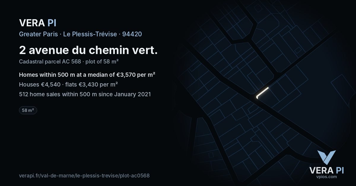 2 avenue du chemin vert, Le Plessis-Trévise at night – the plot lit, the parcels around coloured by the prices near them