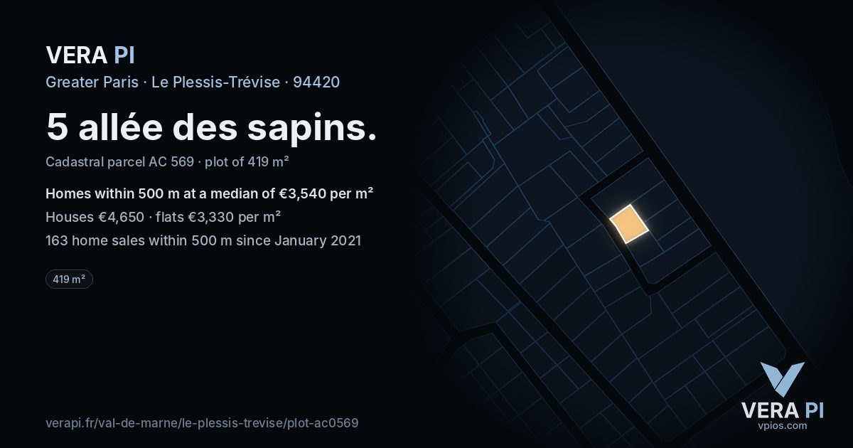 5 allée des sapins, Le Plessis-Trévise at night – the plot lit, the parcels around coloured by the prices near them