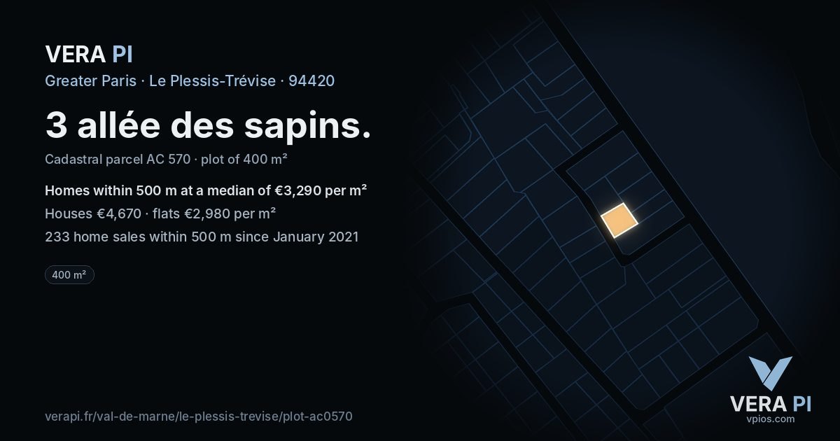 3 allée des sapins, Le Plessis-Trévise at night – the plot lit, the parcels around coloured by the prices near them