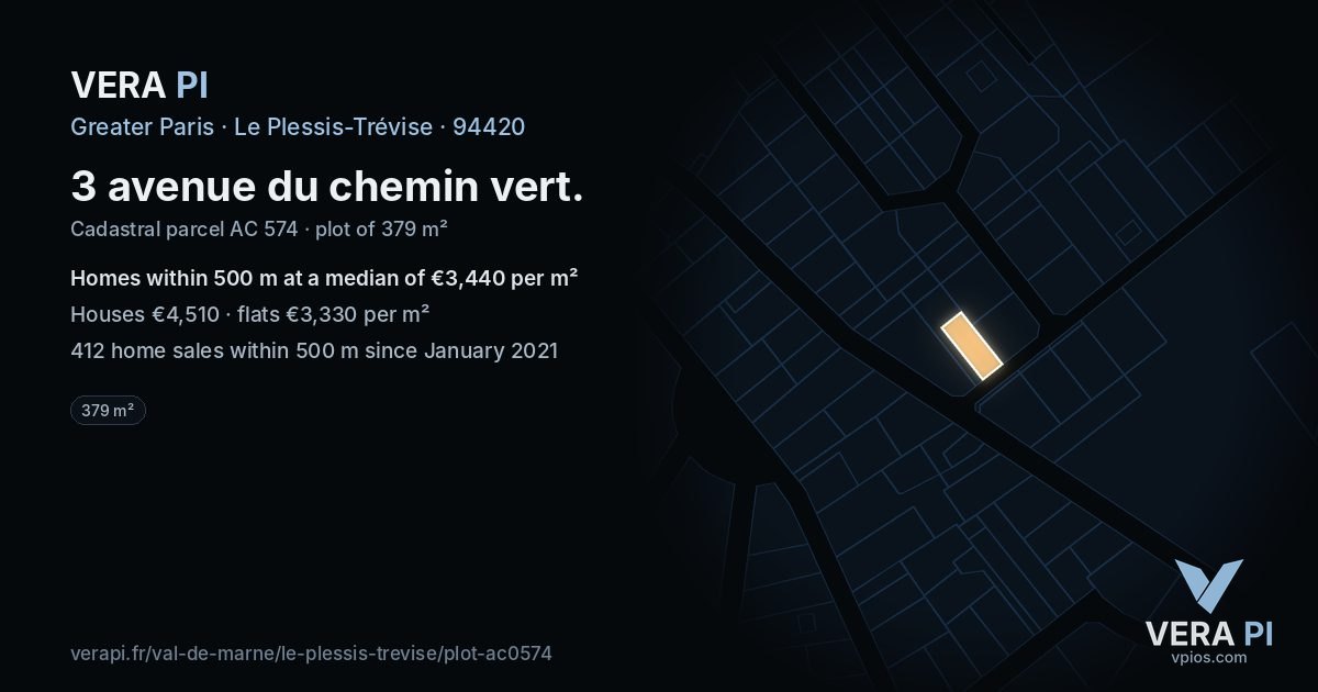 3 avenue du chemin vert, Le Plessis-Trévise at night – the plot lit, the parcels around coloured by the prices near them