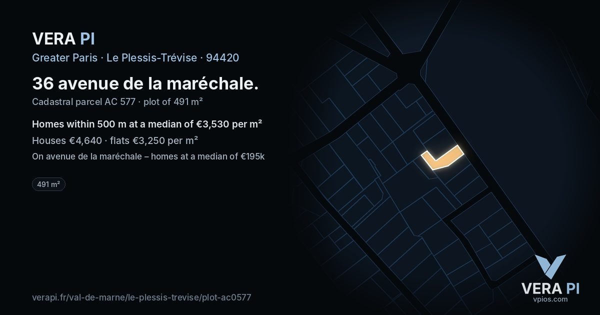 36 avenue de la maréchale, Le Plessis-Trévise at night – the plot lit, the parcels around coloured by the prices near them