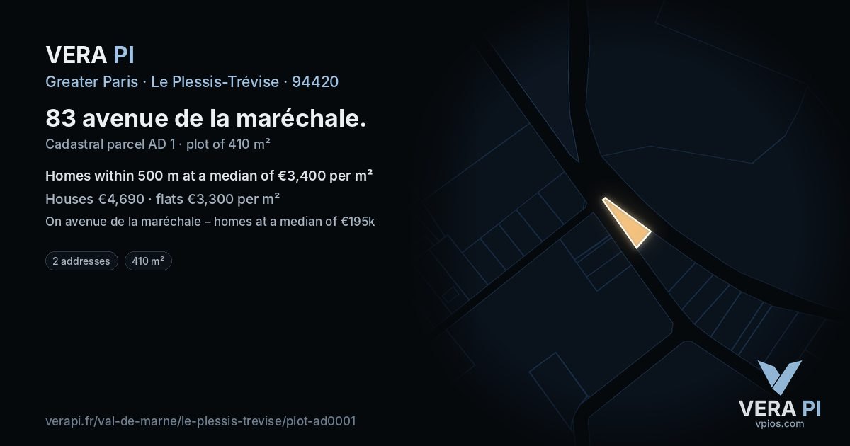 83 avenue de la maréchale, Le Plessis-Trévise at night – the plot lit, the parcels around coloured by the prices near them