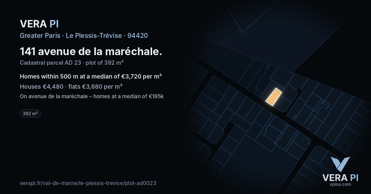 141 avenue de la maréchale, Le Plessis-Trévise at night – the plot lit, the parcels around coloured by the prices near them