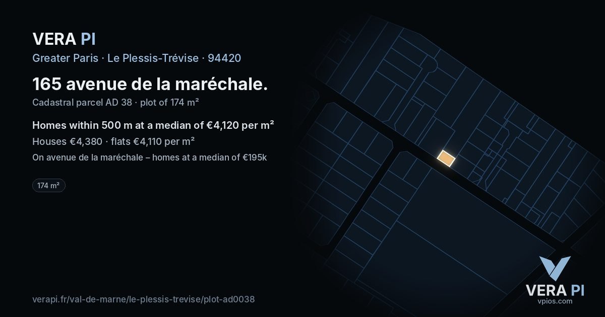165 avenue de la maréchale, Le Plessis-Trévise at night – the plot lit, the parcels around coloured by the prices near them