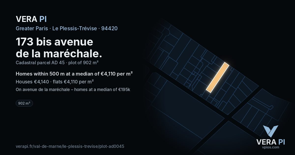 173 bis avenue de la maréchale, Le Plessis-Trévise at night – the plot lit, the parcels around coloured by the prices near them