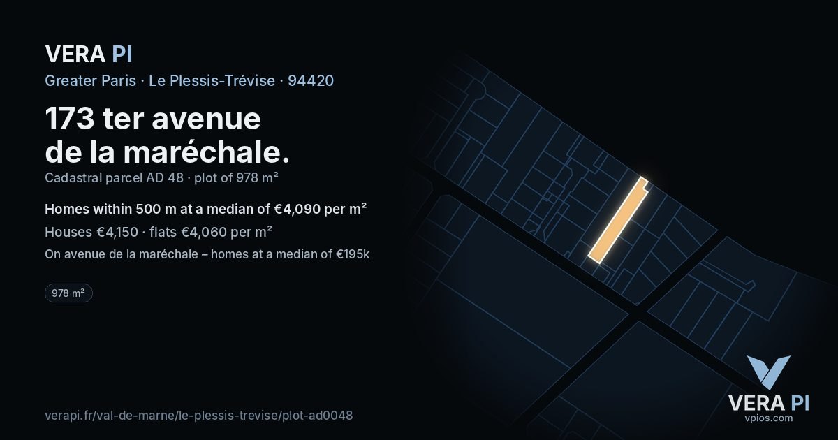 173 ter avenue de la maréchale, Le Plessis-Trévise at night – the plot lit, the parcels around coloured by the prices near them
