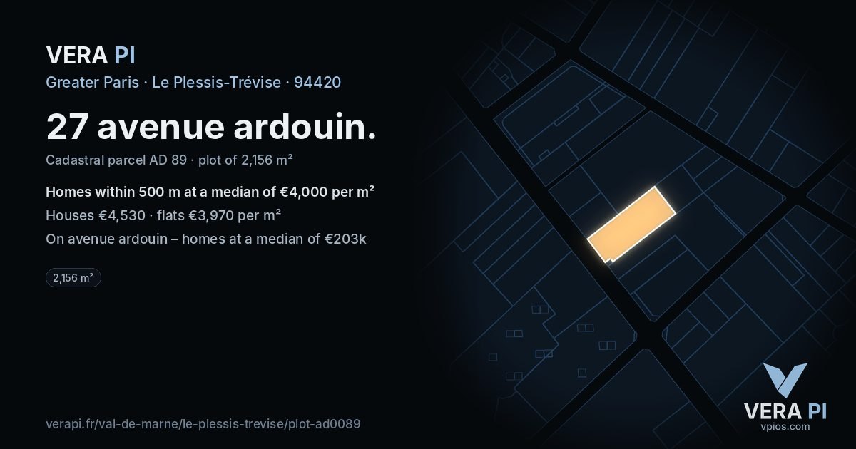 27 avenue ardouin, Le Plessis-Trévise at night – the plot lit, the parcels around coloured by the prices near them