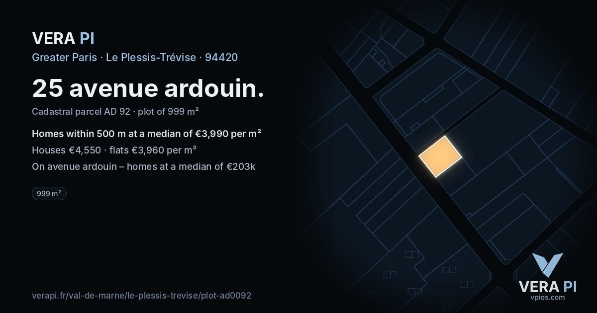 25 avenue ardouin, Le Plessis-Trévise at night – the plot lit, the parcels around coloured by the prices near them