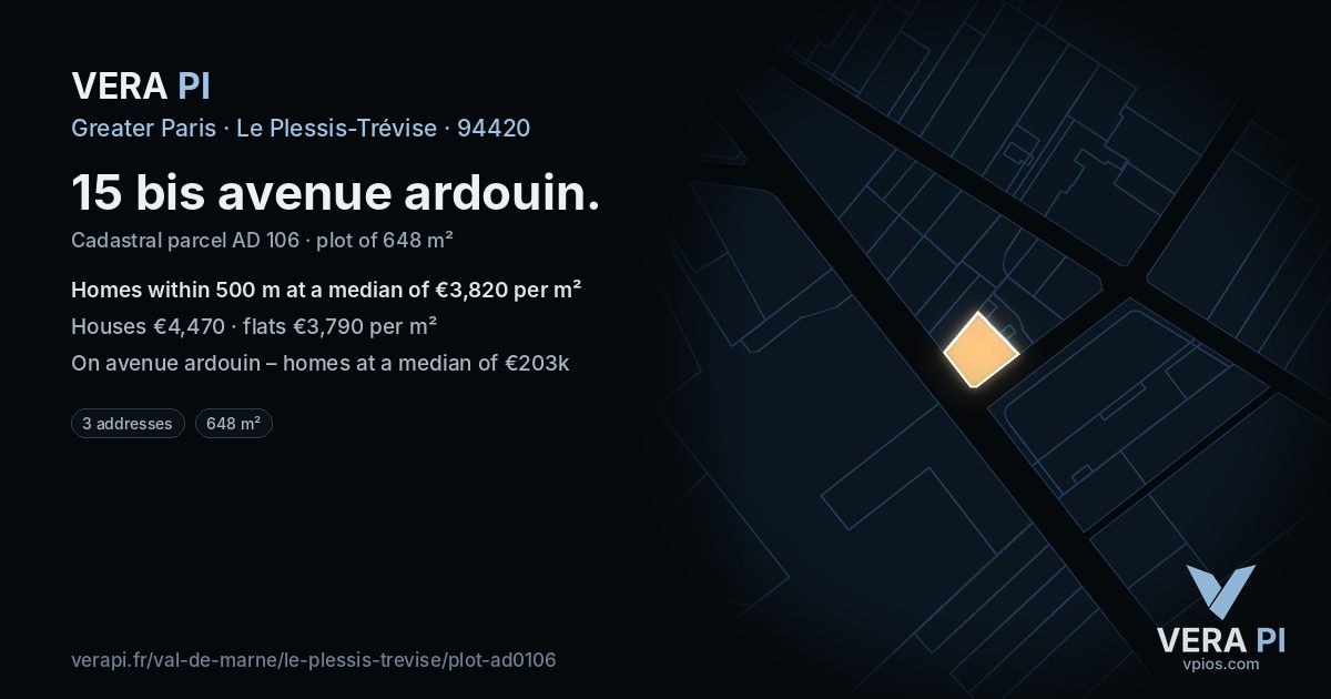 15 bis avenue ardouin, Le Plessis-Trévise at night – the plot lit, the parcels around coloured by the prices near them