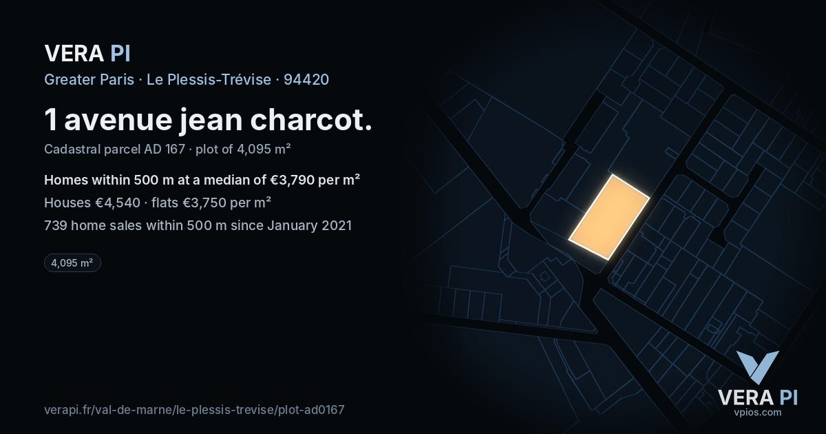 1 avenue jean charcot, Le Plessis-Trévise at night – the plot lit, the parcels around coloured by the prices near them