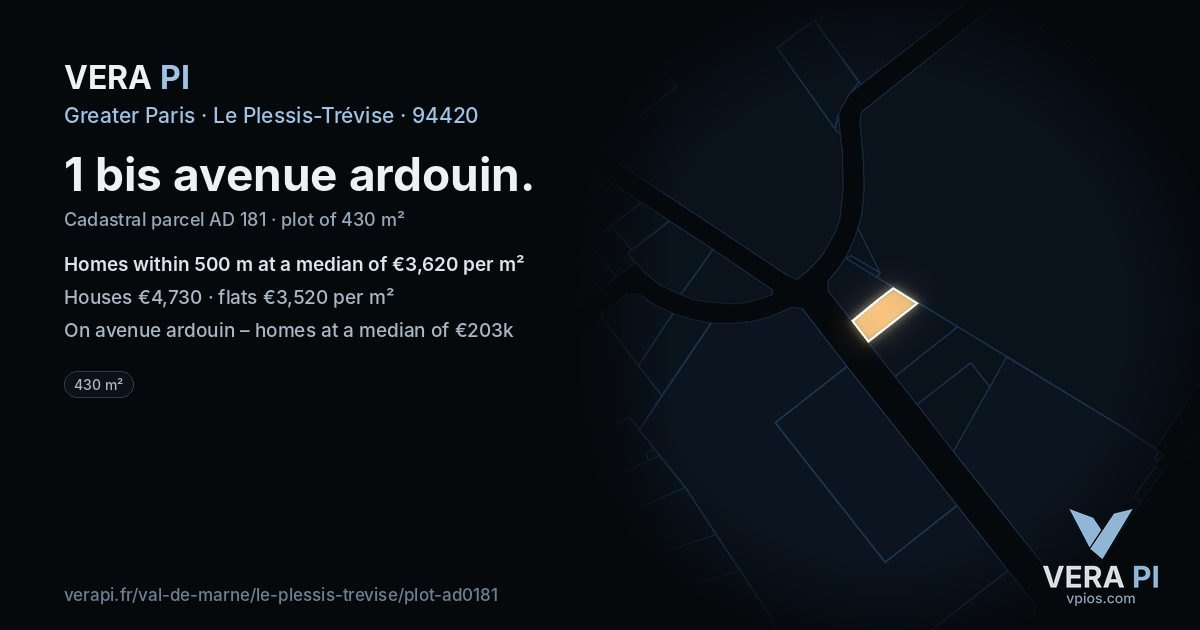 1 bis avenue ardouin, Le Plessis-Trévise at night – the plot lit, the parcels around coloured by the prices near them