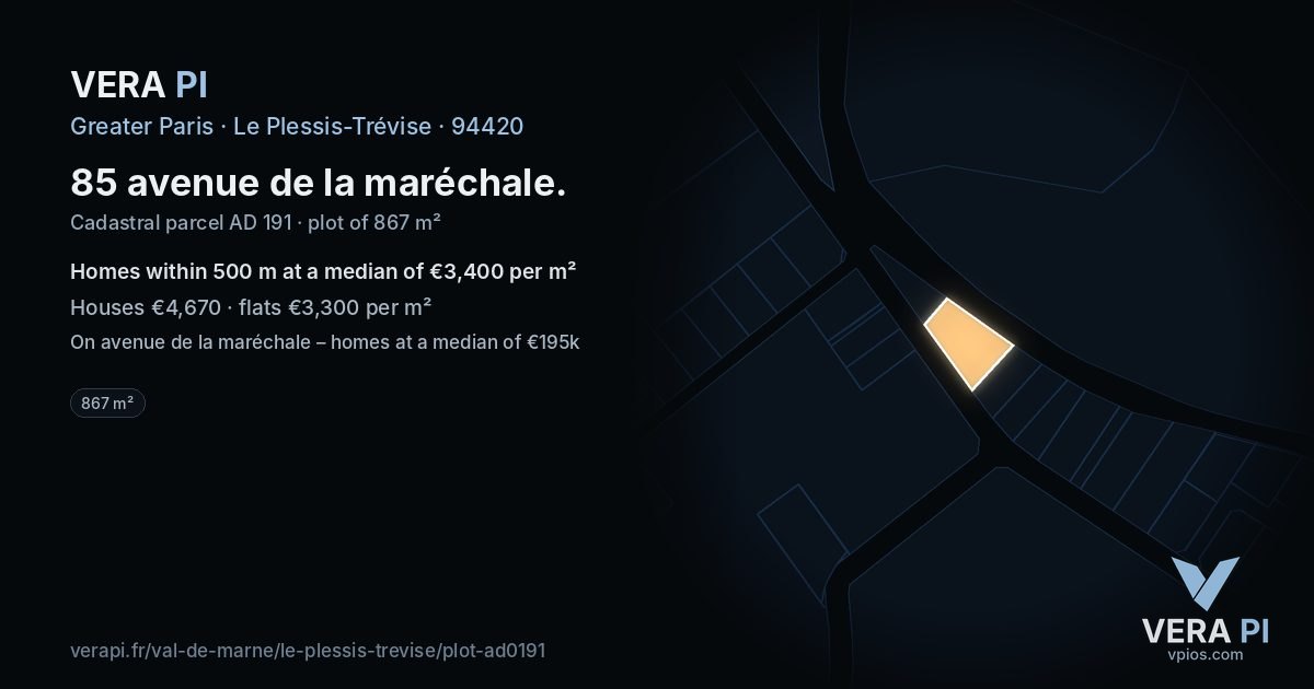 85 avenue de la maréchale, Le Plessis-Trévise at night – the plot lit, the parcels around coloured by the prices near them