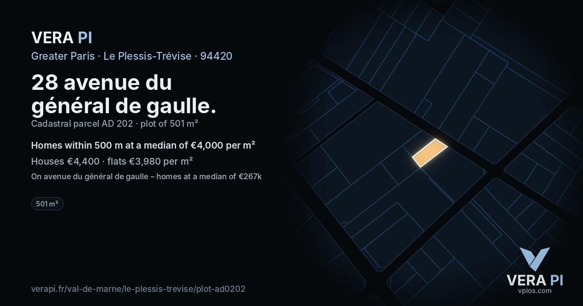 28 avenue du général de gaulle, Le Plessis-Trévise at night – the plot lit, the parcels around coloured by the prices near them