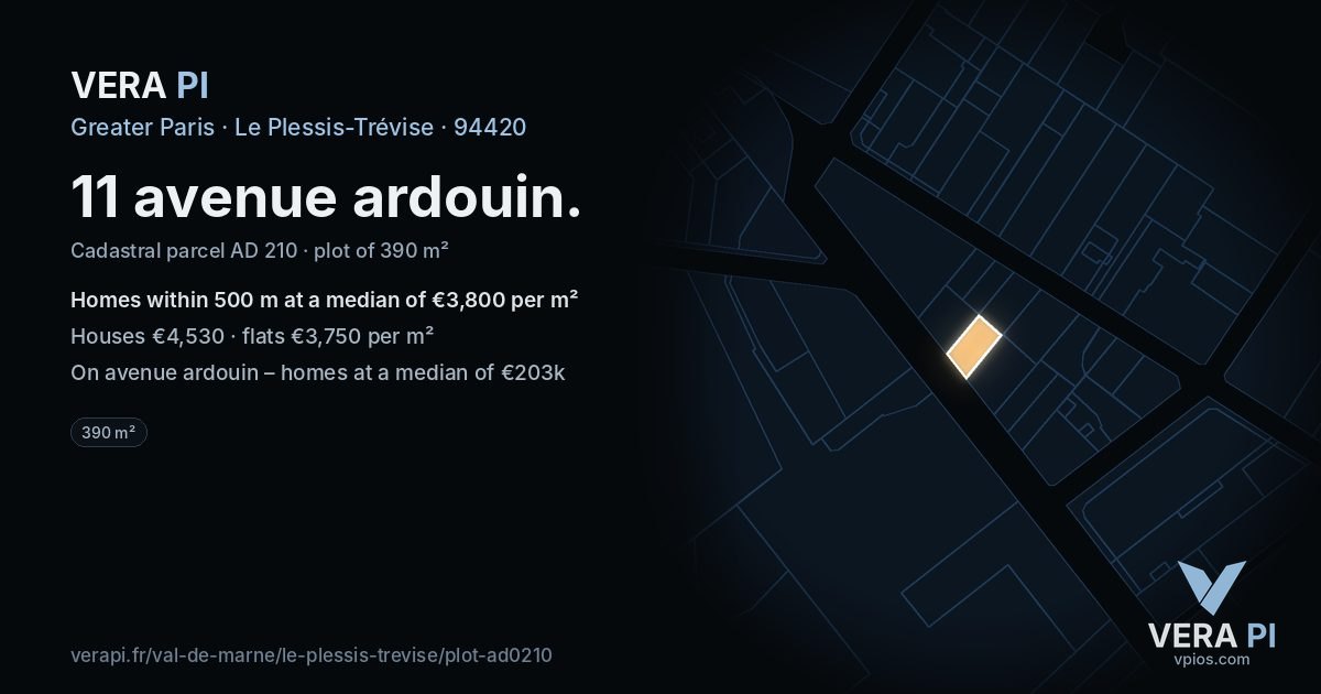 11 avenue ardouin, Le Plessis-Trévise at night – the plot lit, the parcels around coloured by the prices near them