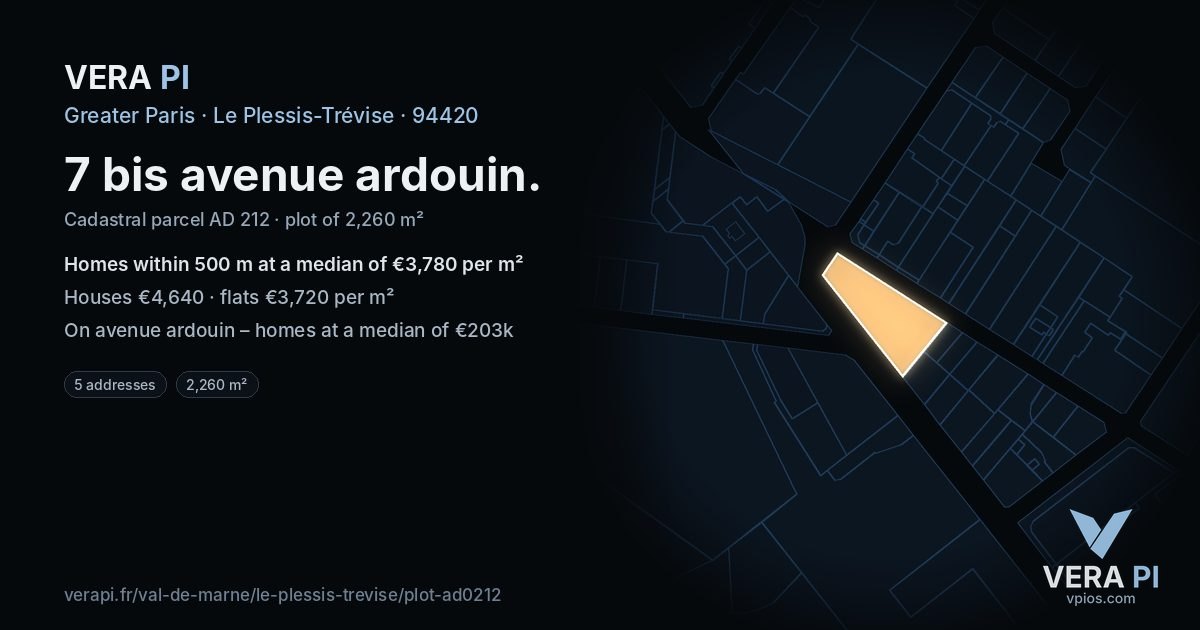 7 bis avenue ardouin, Le Plessis-Trévise at night – the plot lit, the parcels around coloured by the prices near them