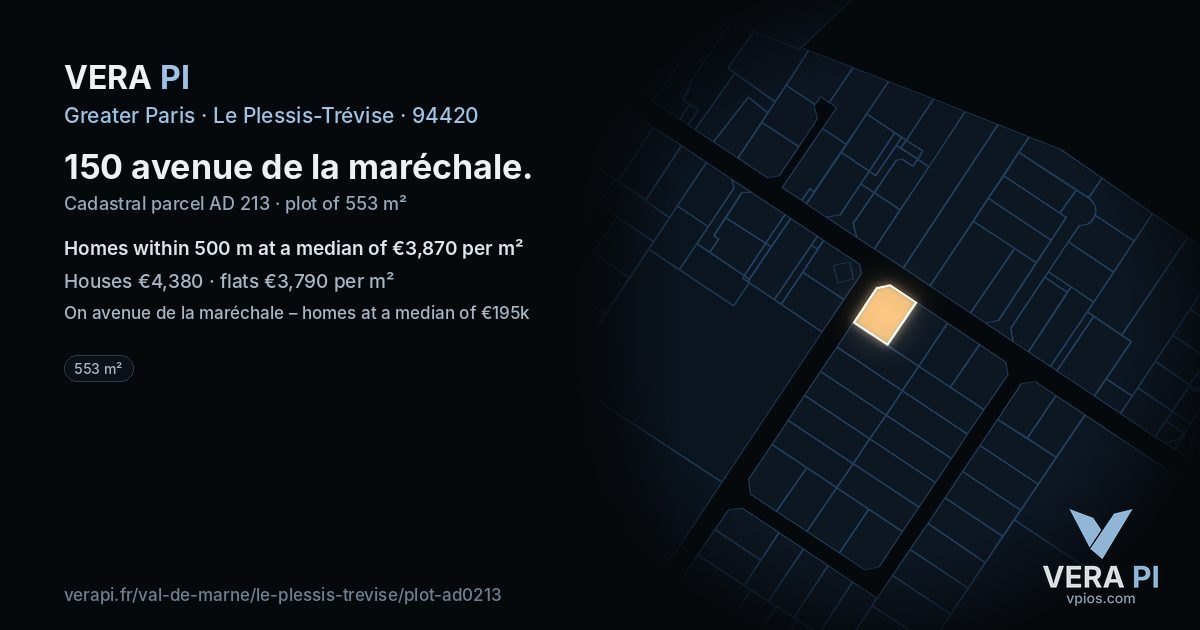 150 avenue de la maréchale, Le Plessis-Trévise at night – the plot lit, the parcels around coloured by the prices near them