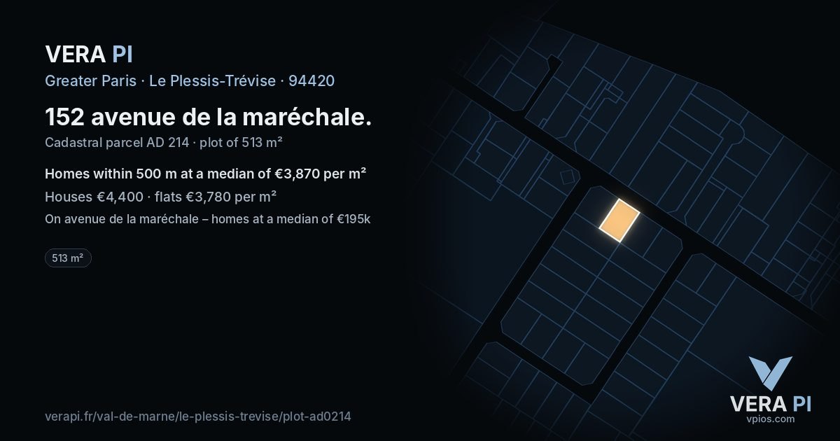 152 avenue de la maréchale, Le Plessis-Trévise at night – the plot lit, the parcels around coloured by the prices near them