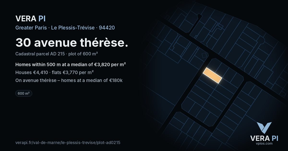 30 avenue thérèse, Le Plessis-Trévise at night – the plot lit, the parcels around coloured by the prices near them