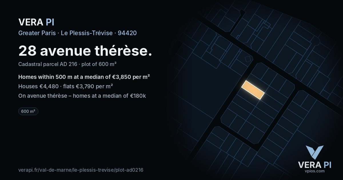28 avenue thérèse, Le Plessis-Trévise at night – the plot lit, the parcels around coloured by the prices near them