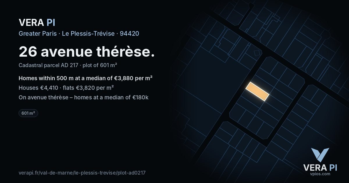 26 avenue thérèse, Le Plessis-Trévise at night – the plot lit, the parcels around coloured by the prices near them