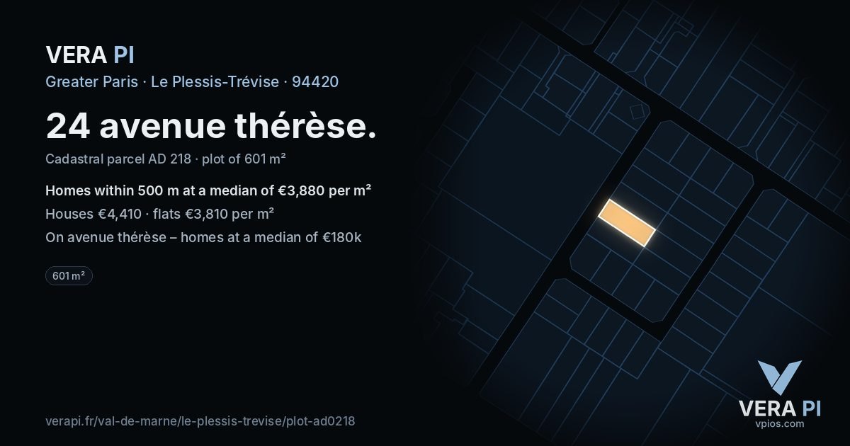 24 avenue thérèse, Le Plessis-Trévise at night – the plot lit, the parcels around coloured by the prices near them
