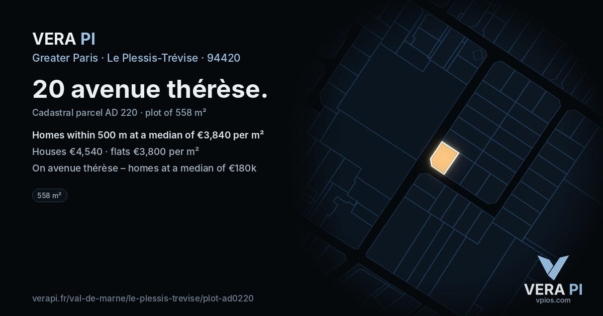 20 avenue thérèse, Le Plessis-Trévise at night – the plot lit, the parcels around coloured by the prices near them