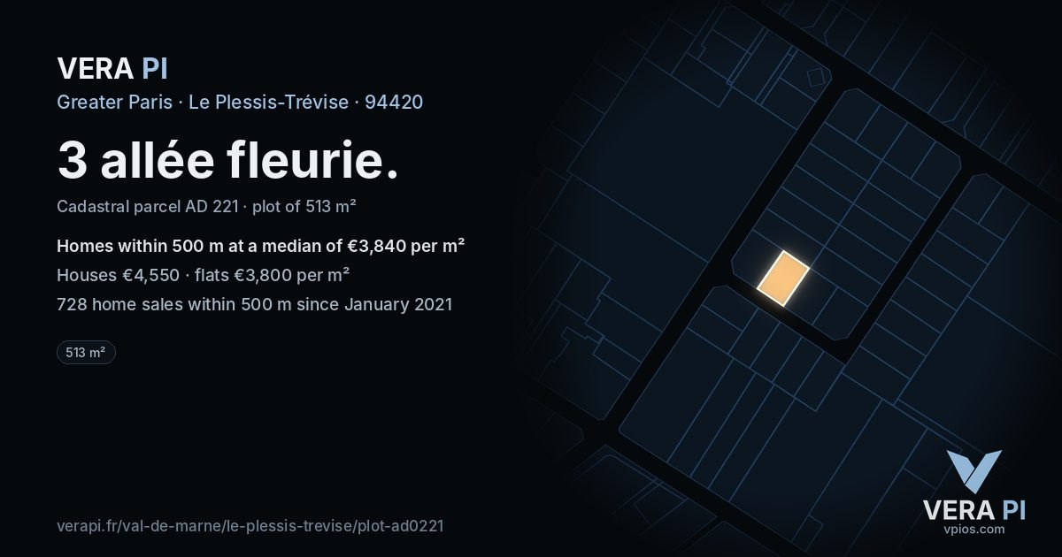3 allée fleurie, Le Plessis-Trévise at night – the plot lit, the parcels around coloured by the prices near them