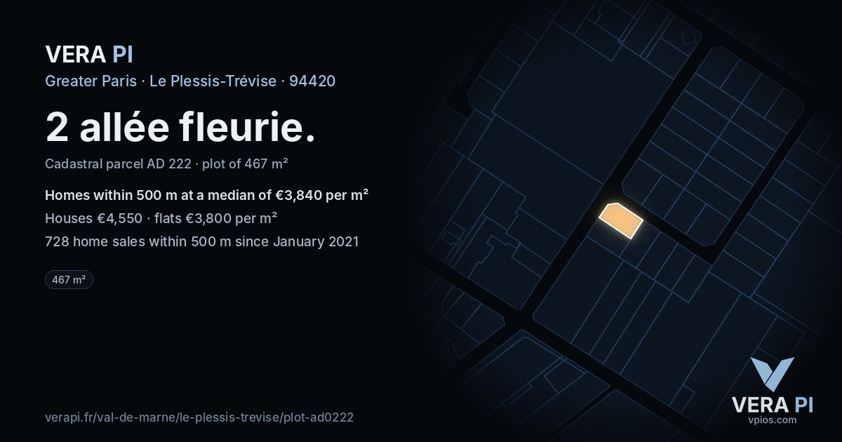 2 allée fleurie, Le Plessis-Trévise at night – the plot lit, the parcels around coloured by the prices near them