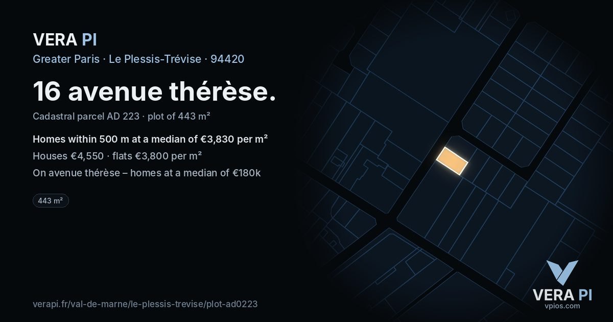 16 avenue thérèse, Le Plessis-Trévise at night – the plot lit, the parcels around coloured by the prices near them