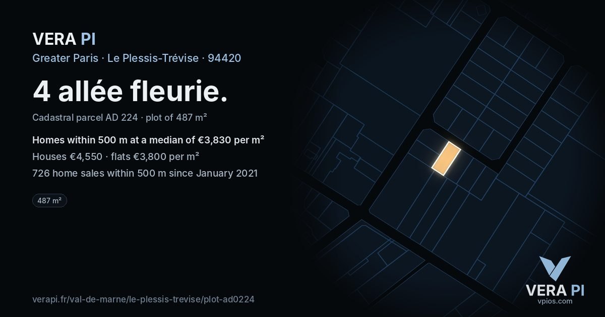 4 allée fleurie, Le Plessis-Trévise at night – the plot lit, the parcels around coloured by the prices near them