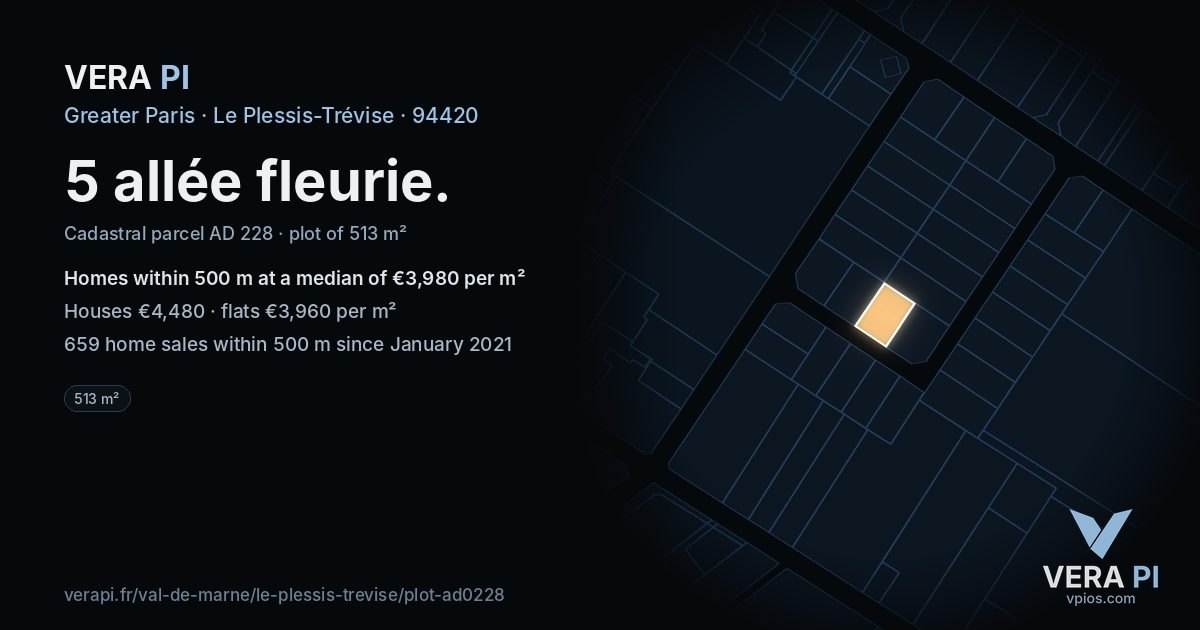 5 allée fleurie, Le Plessis-Trévise at night – the plot lit, the parcels around coloured by the prices near them