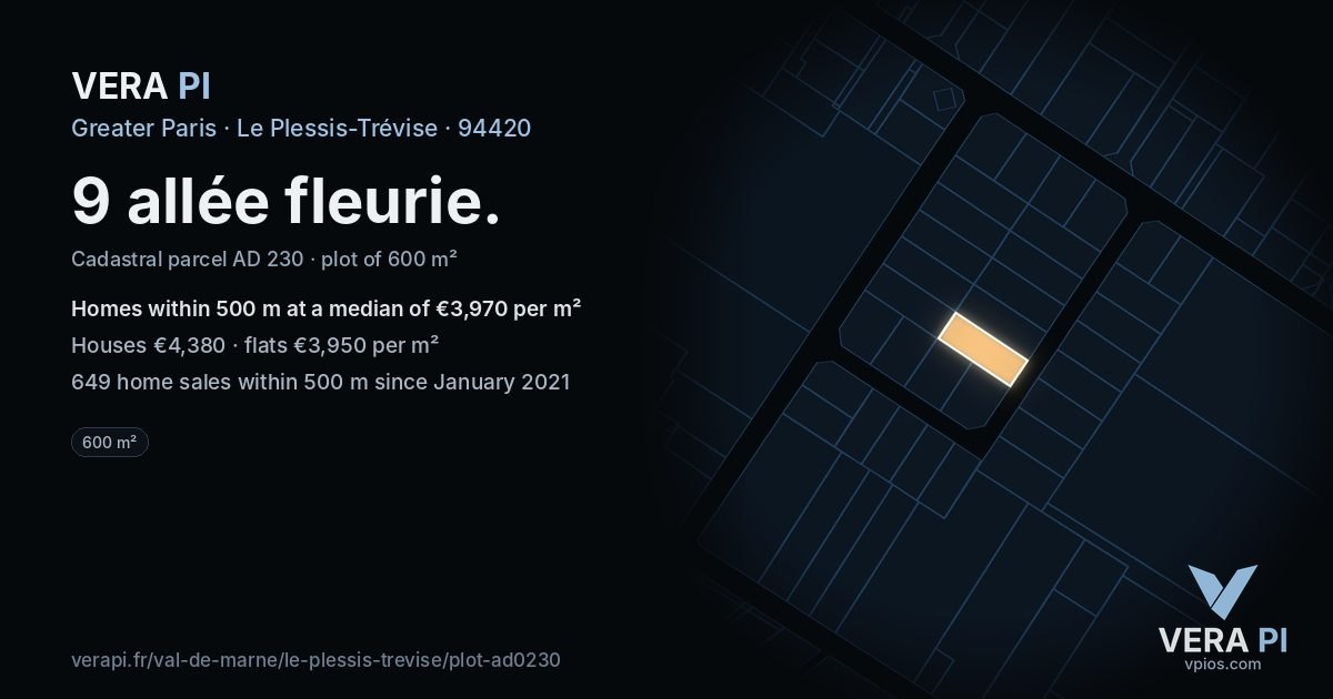 9 allée fleurie, Le Plessis-Trévise at night – the plot lit, the parcels around coloured by the prices near them