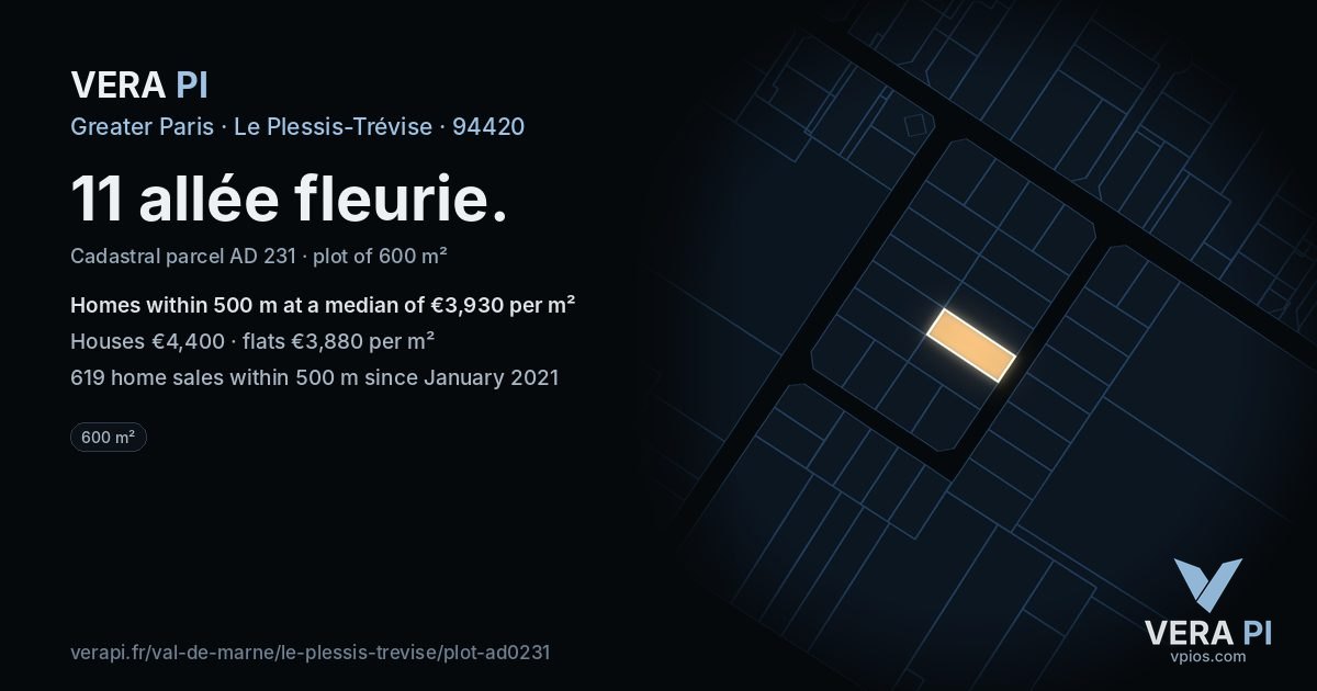 11 allée fleurie, Le Plessis-Trévise at night – the plot lit, the parcels around coloured by the prices near them